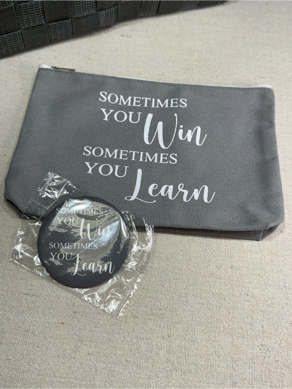 Gray 'Sometimes You Win Sometimes You Learn' Makeup Pouch and Compact Mirror Set